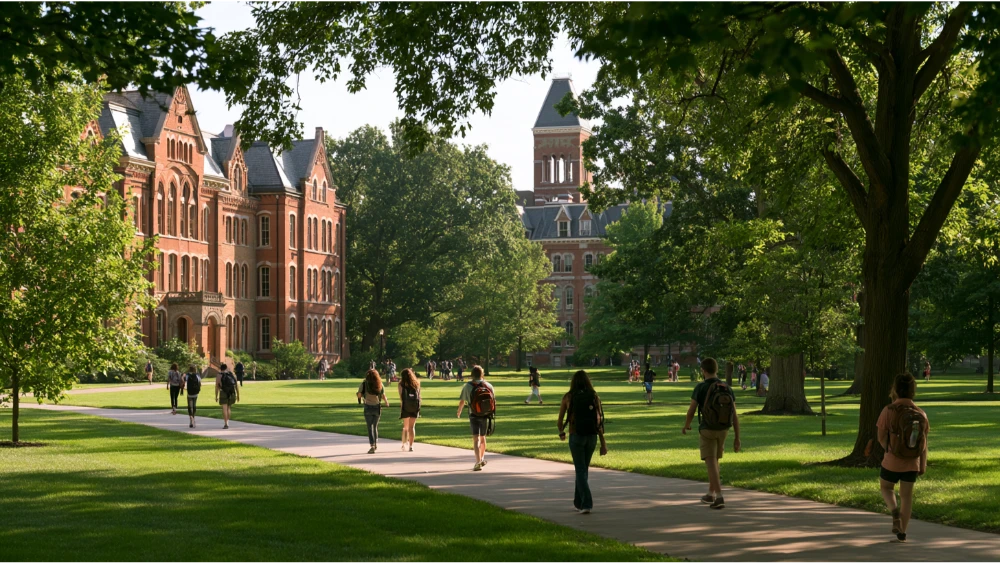 The Ohio State University campus with its historic academic buildings, green lawns, and students walking between classes.