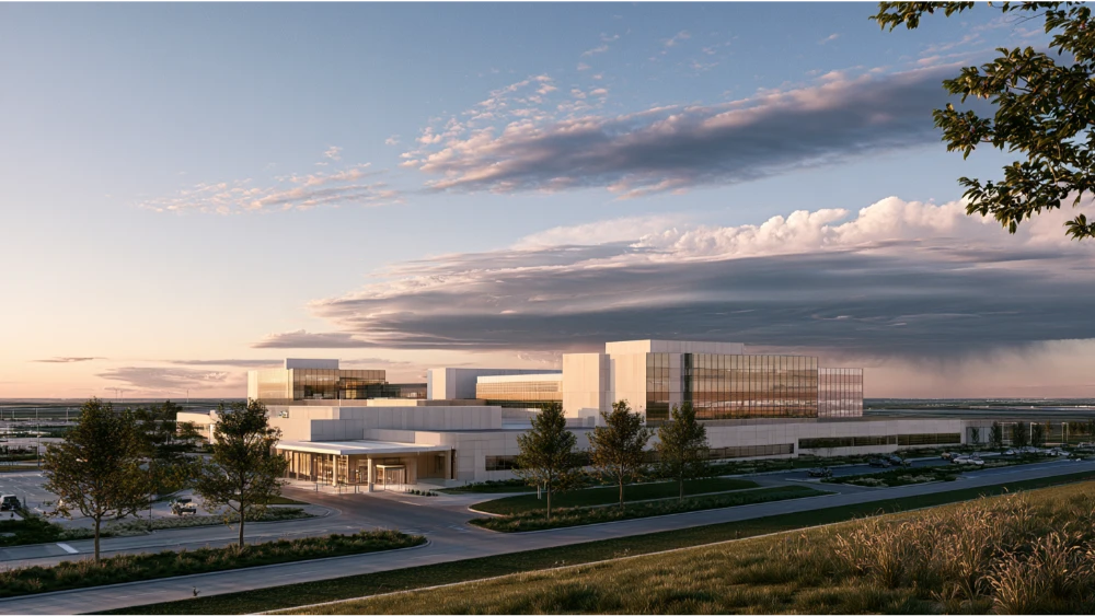 A healthcare campus in Oklahoma City beneath a cloudy spring sky, representing essential services and severe-weather preparedness.