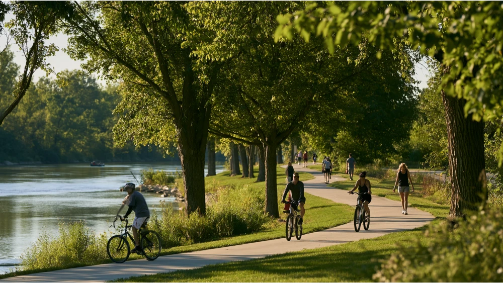 People cycling and walking along a paved Miami Valley recreational trail near the Great Miami River in Dayton, Ohio.