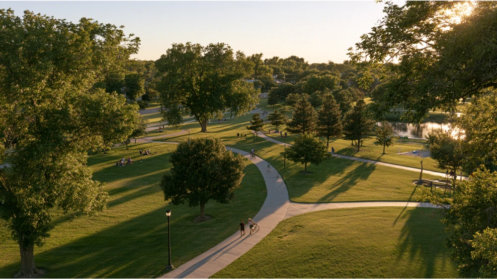 Residents enjoying a park and walking trail in Kearney, Nebraska, with green space, mature trees, and a peaceful community atmosphere.