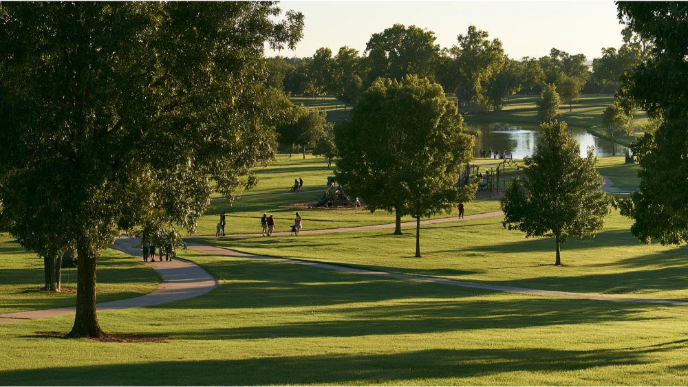 Families enjoying a green community park in Yukon, Oklahoma, with walking paths, mature trees, open lawns, and outdoor recreational spaces.
