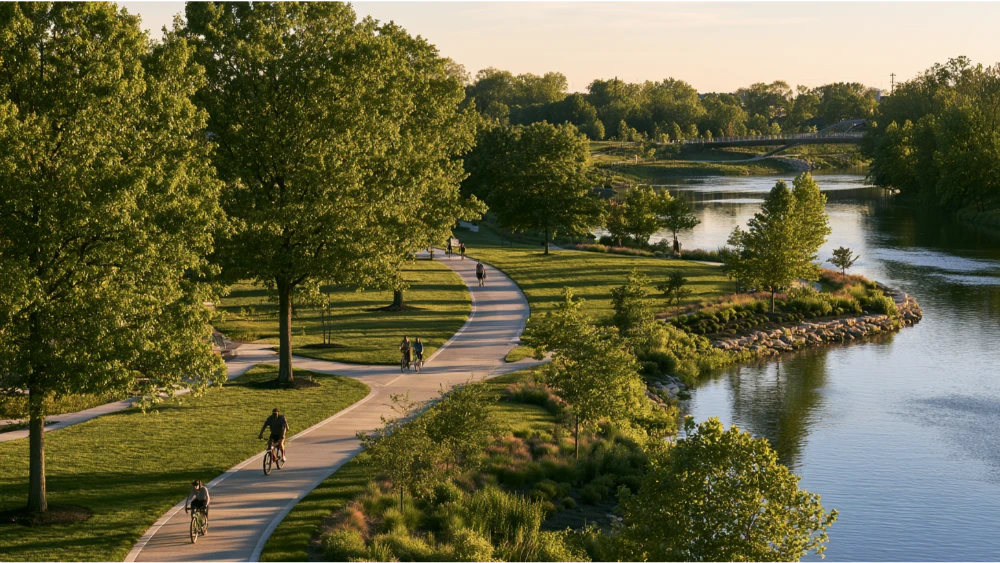 Visitors walking and cycling along a paved riverside trail in Dublin, Ohio, surrounded by green trees and landscaped parkland.