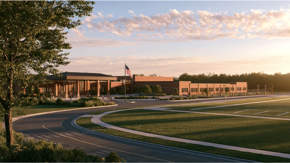 A public school campus in Moore, Oklahoma, with a brick school building, landscaped grounds, and an open outdoor area.