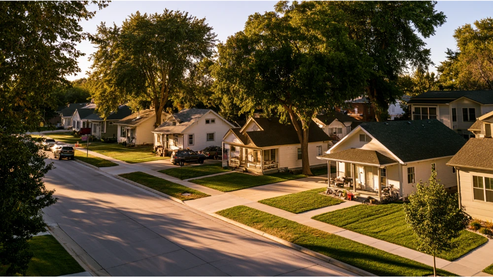 A typical Fremont, Nebraska, residential neighborhood with modest rental homes, driveways, sidewalks, and tree-lined streets.