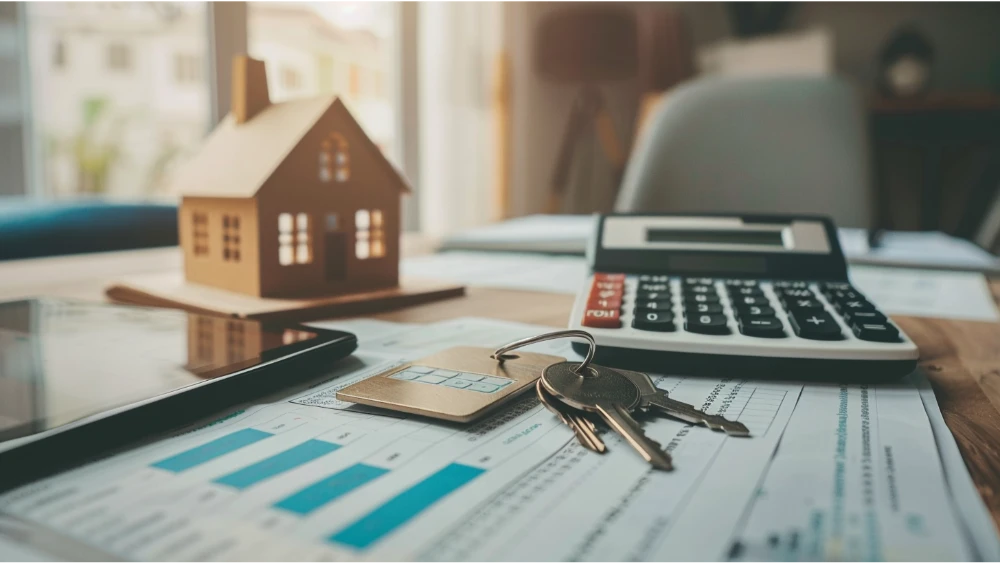 Desk with keys, a house model, and a calculator representing a rent-versus-buy decision in St. Louis.