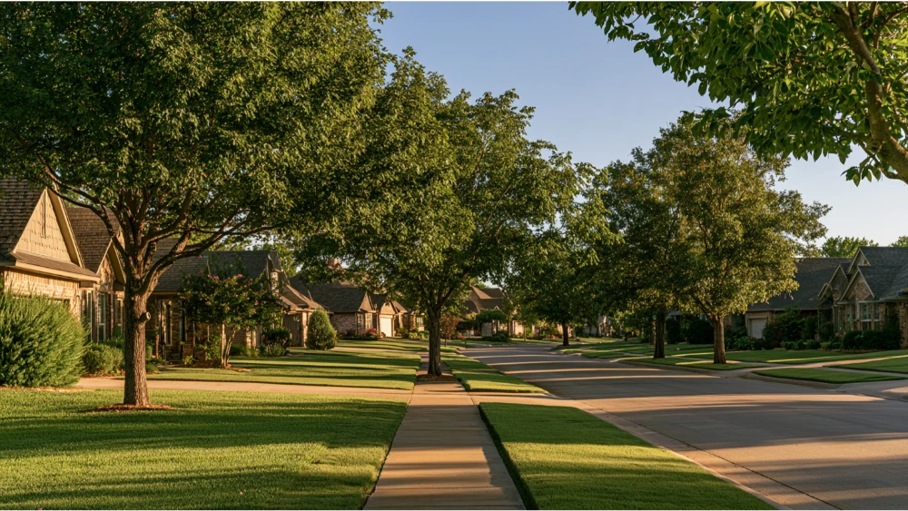 A peaceful residential neighborhood in Jenks, Oklahoma, with detached family homes, green lawns, mature trees, and quiet suburban streets.