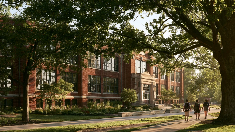 A Cincinnati school campus with a brick academic building, landscaped grounds, and students walking along the sidewalk.