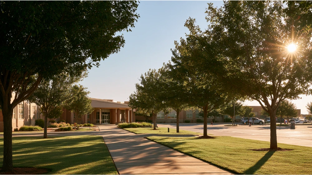 A modern public school campus in Yukon, Oklahoma, with a welcoming entrance, landscaped grounds, sidewalks, and a school drop-off area.