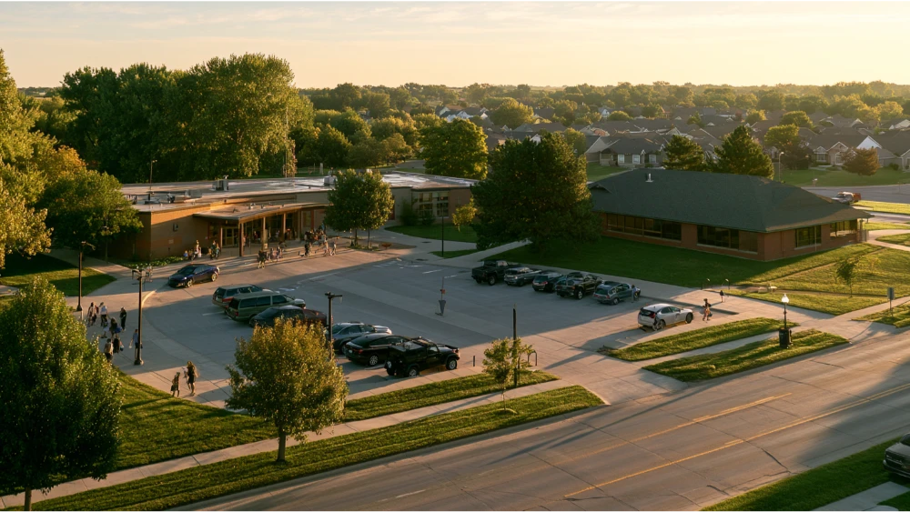 A public school in Bellevue, Nebraska, with students and families arriving near the entrance and residential streets nearby.