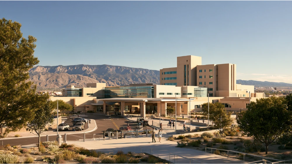A modern healthcare campus in Albuquerque with Southwestern architectural details, landscaped grounds, and the Sandia Mountains in the distance.