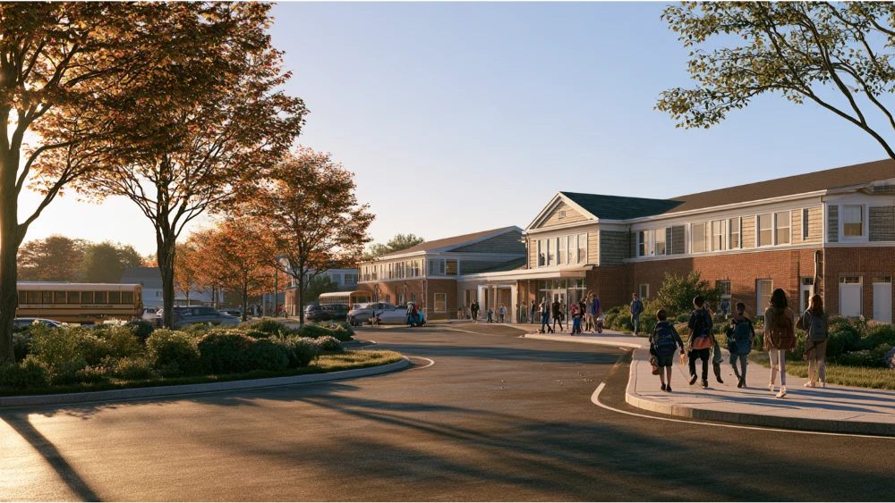 Students and families arriving at a New England public school in Narragansett, Rhode Island.