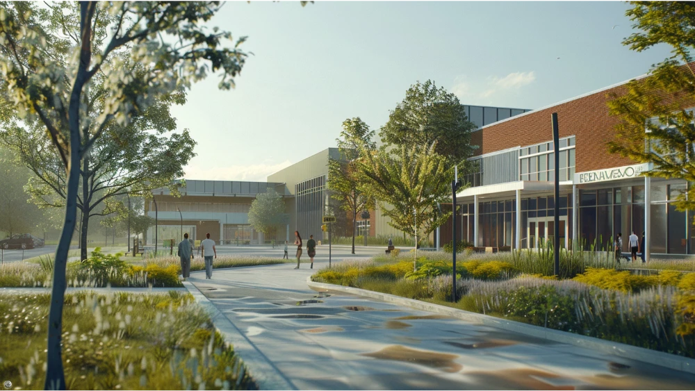 Community scene showing a school and a hospital representing everyday services in Springfield, Missouri.