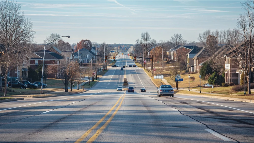  St. Charles commute scene showing a roadway with nearby community services like schools and a hospital in the area.