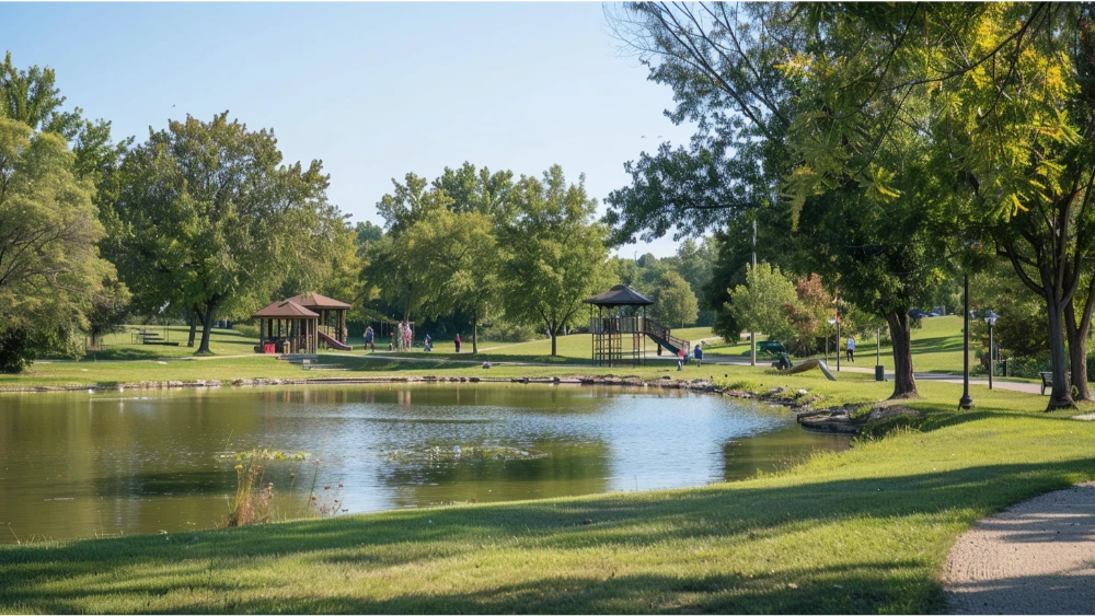 Suburban park with a small lake, trails, and families in the distance, representing outdoor activities in O’Fallon, Missouri.
