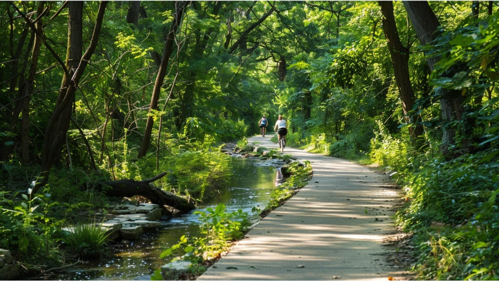 Greenway trail near Springfield with trees and a creek, representing parks and outdoor activities.