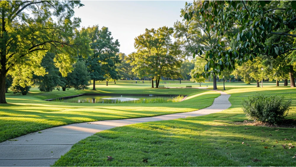 Wide view of Forest Park in St. Louis with trees, paths, and open green space.