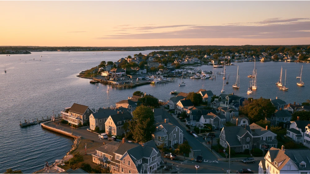 A Narragansett Bay waterfront view in Warwick, Rhode Island, with residential buildings, boats, and a peaceful coastal village atmosphere.