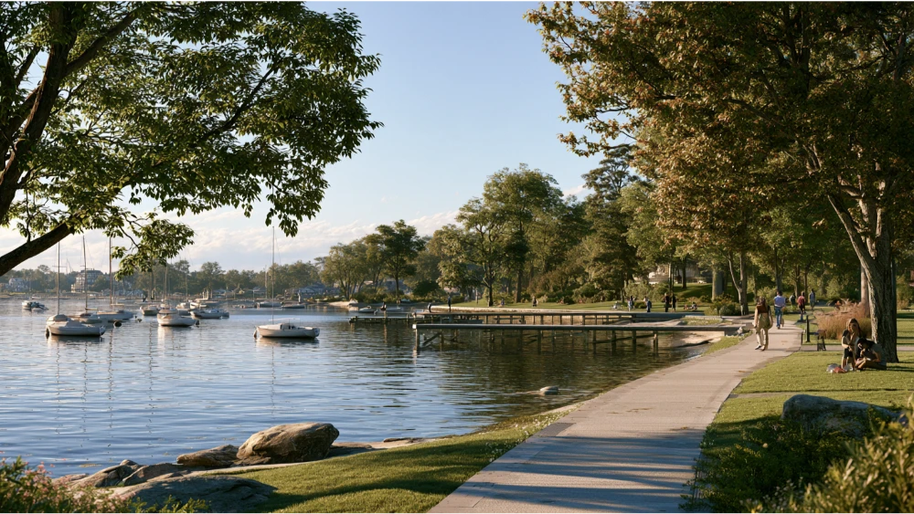 Residents walking beside Greenwich Cove in East Greenwich, Rhode Island, with boats moored along the water and a peaceful park setting.