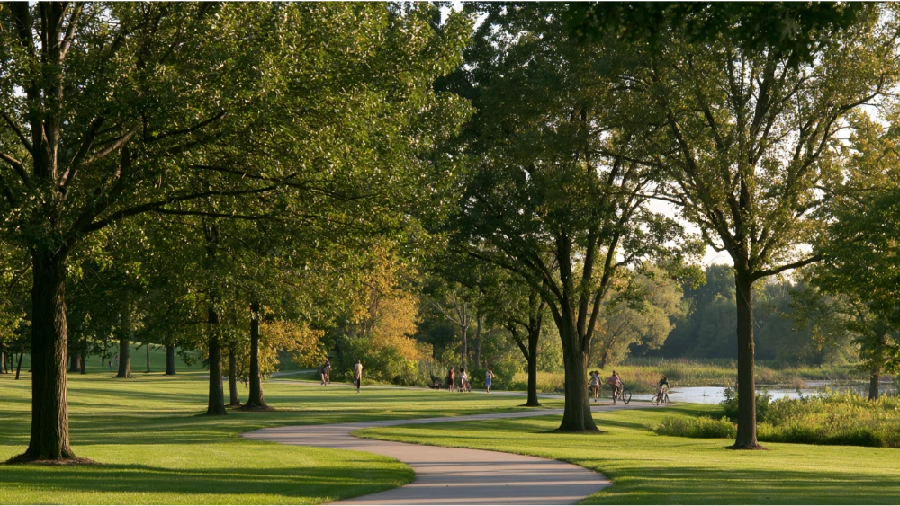 Visitors walking and cycling through a green Toledo, Ohio metropark with paved trails, mature trees, and natural outdoor scenery.