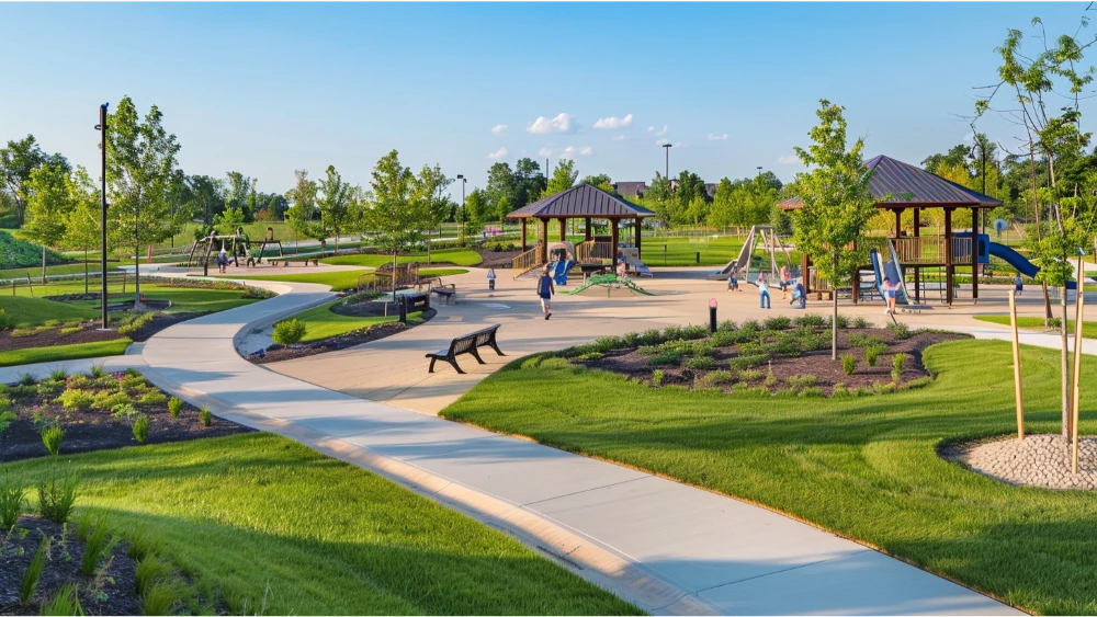 Wentzville park scene with a paved trail, playground, and open green space used for recreation.