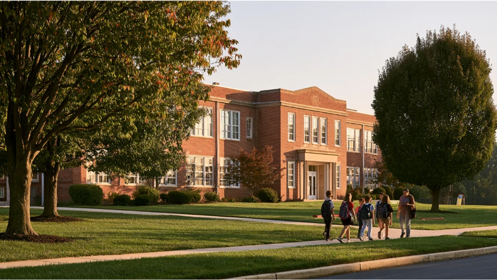 A suburban school campus in the West Chester, Pennsylvania, area with a brick school building, landscaped grounds, and students walking near the entrance.