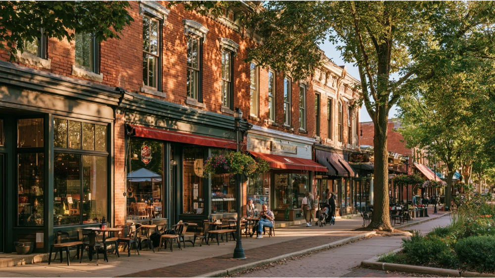 A walkable Uptown Westerville streetscape with local shops, outdoor cafe seating, mature trees, and nearby pedestrian-friendly public spaces.