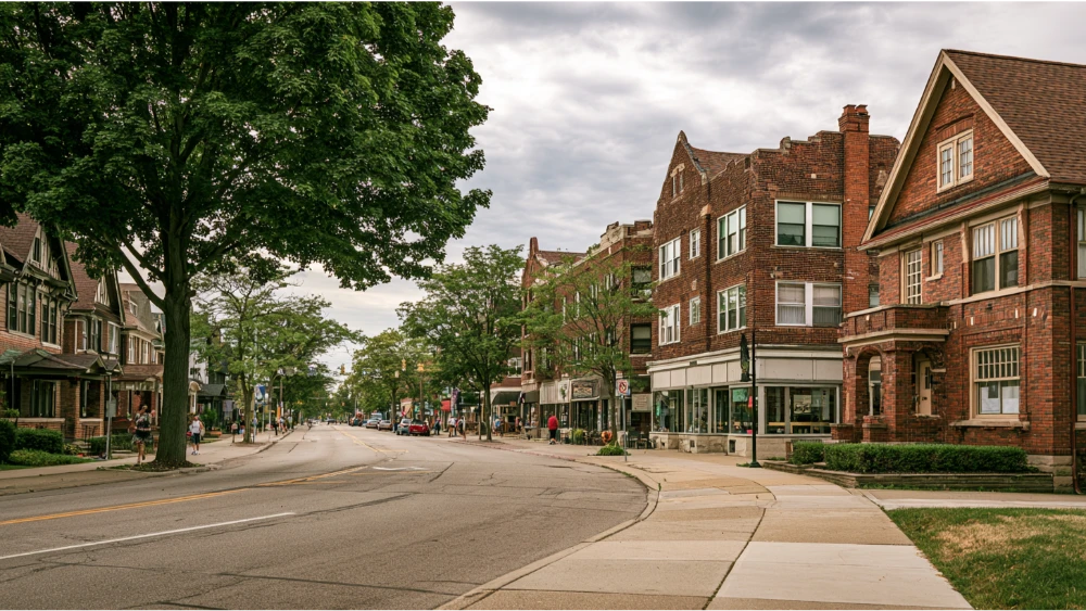 Tree-lined Lakewood, Ohio street with historic early-20th-century houses, multi-family residences, neighborhood shops, and people walking through the community.