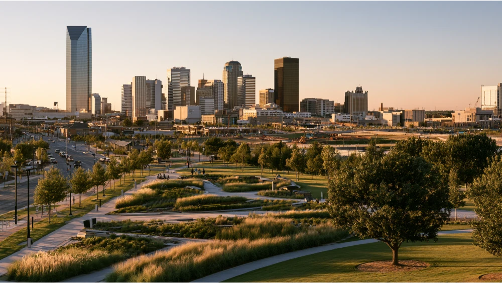 A residential neighborhood in Oklahoma City featuring brick homes, tree-lined streets, front lawns, and driveways.