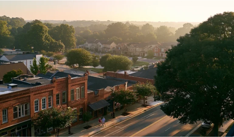 A welcoming view of Apex, North Carolina, featuring its historic downtown, leafy residential neighborhoods, green spaces, and growing suburban community near Raleigh.