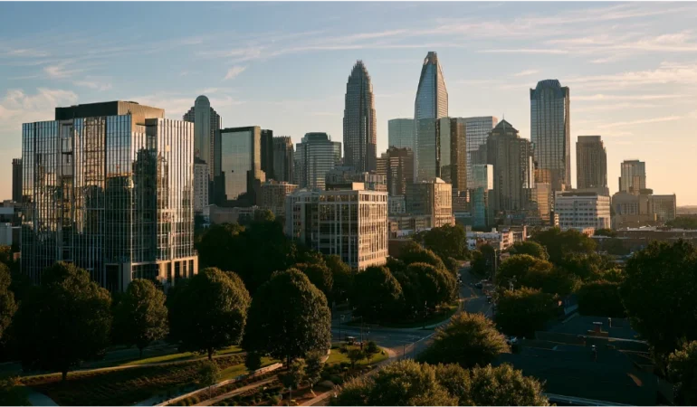 Charlotte, North Carolina, skyline featuring Uptown's modern high-rise buildings, tree-lined green spaces, and the city's growing urban landscape under a bright Carolina sky.