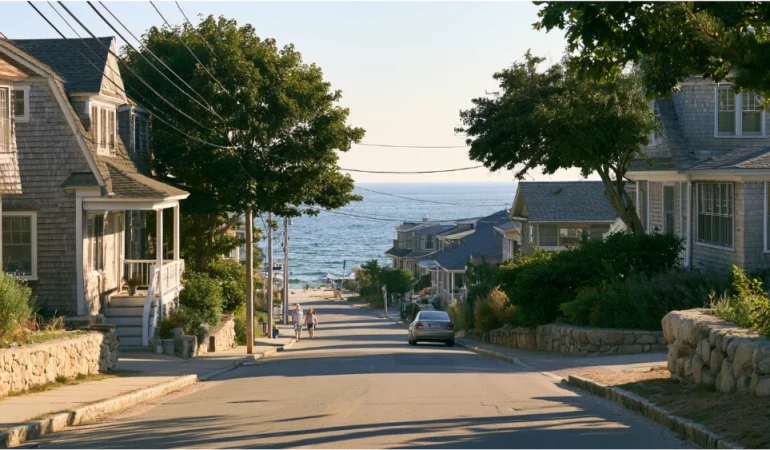 Coastal Narragansett with New England homes, Atlantic Ocean views, and a quiet residential street near the beach.