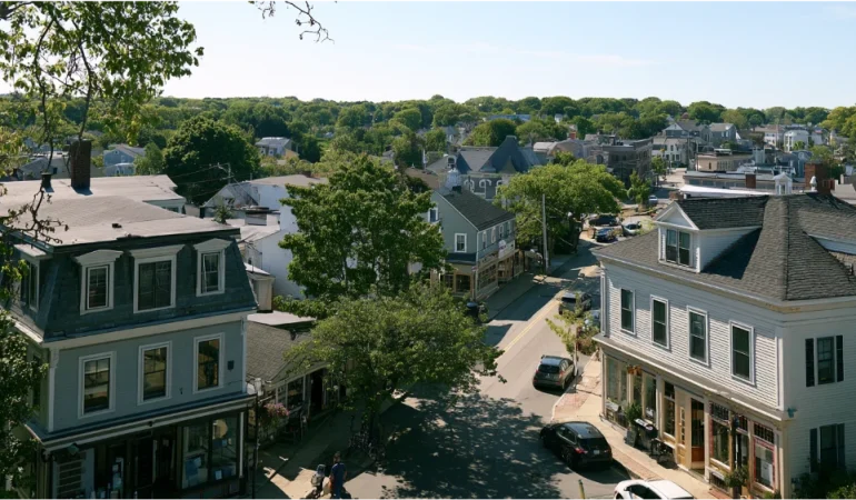 A view of Westerly, Rhode Island, showing classic New England homes, a charming village atmosphere, and nearby coastal scenery.