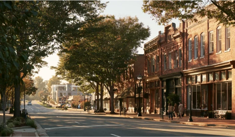 Downtown Concord, North Carolina, with historic brick buildings, leafy streets, and a welcoming small-city atmosphere near Charlotte.