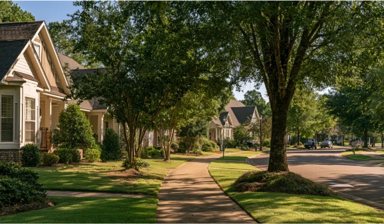 Flowood Mississippi suburban community with modern development, mature trees, and everyday local activity