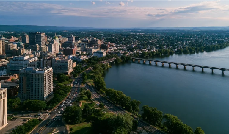 Downtown Harrisburg, Pennsylvania, with the Pennsylvania State Capitol, historic buildings, and the Susquehanna River along the city waterfront.