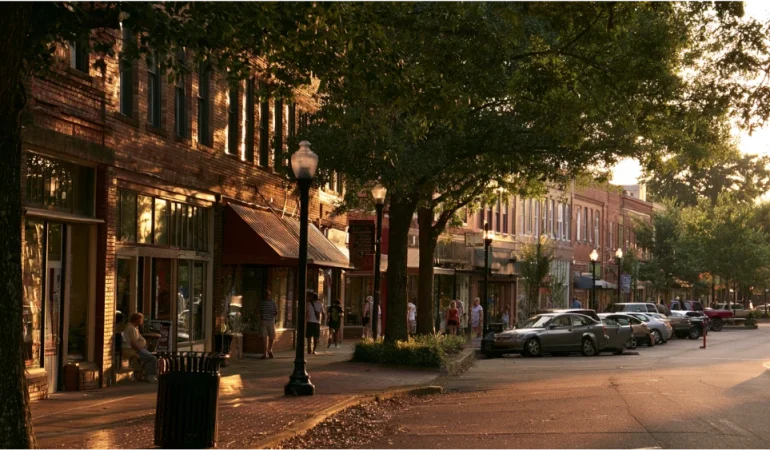 Authentic Hattiesburg Mississippi streetscape showing historic downtown character, mature trees, local businesses, and everyday city life