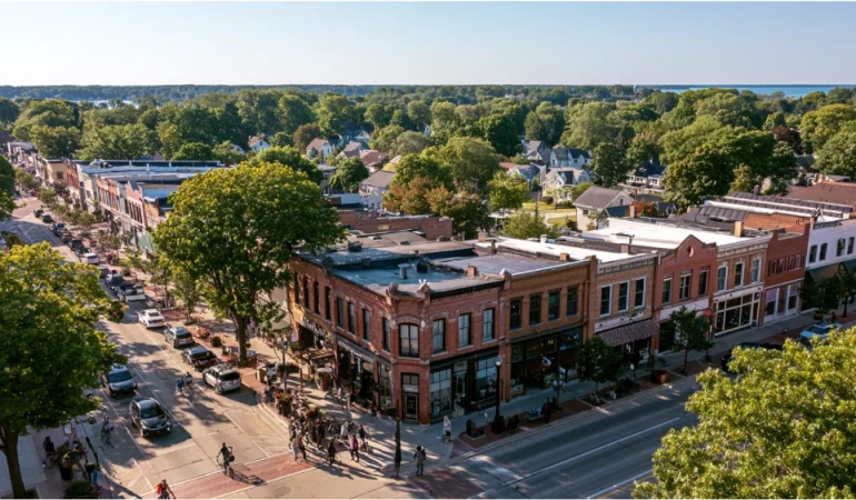 Holland Michigan downtown, Lake Macatawa, residential neighborhoods, and Lake Michigan landscape