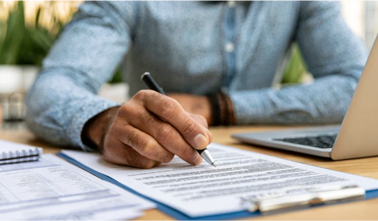 Professional property manager reviewing tenant applications, credit reports, and lease documents before approving a rental applicant.