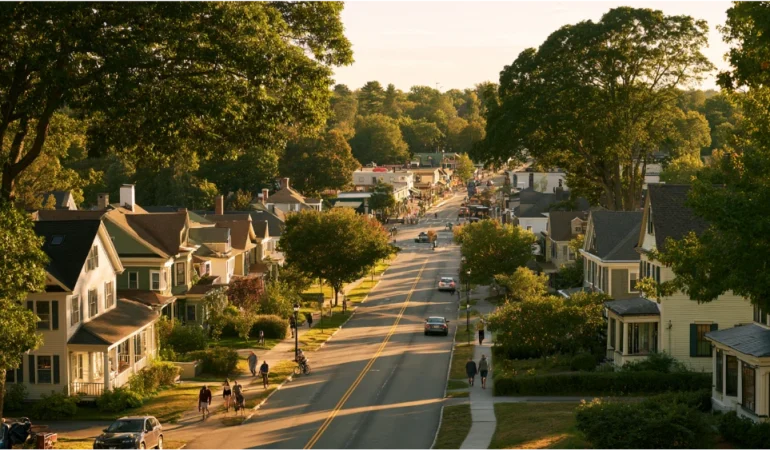 Lexington, Massachusetts town center with historic homes, tree-lined streets, and everyday community activity