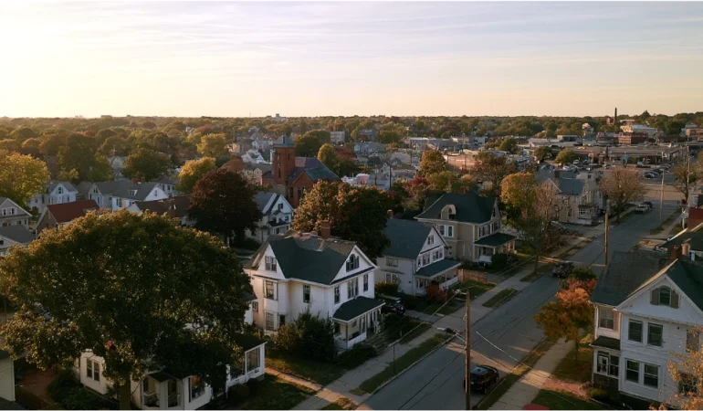 Residential streets and traditional New England homes in Cranston, Rhode Island, representing the city's diverse neighborhoods and suburban lifestyle near Providence.
