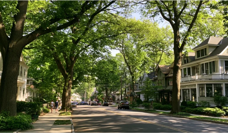 Residents walking and jogging on a tree-lined park path in Montclair, New Jersey, surrounded by mature trees and green open space.