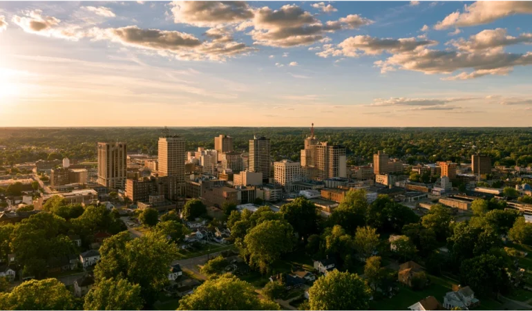 Akron, Ohio, skyline with downtown buildings, residential neighborhoods, and the green landscape of Northeast Ohio.