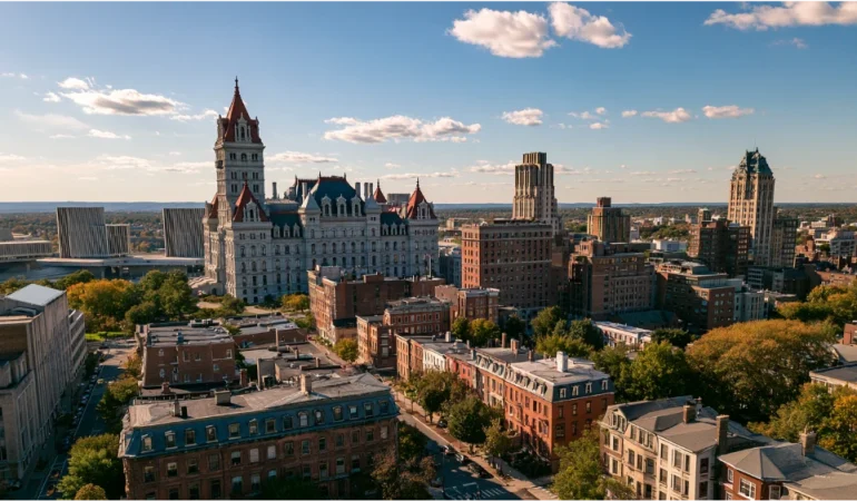 Albany, New York, featuring the New York State Capitol, Empire State Plaza, historic downtown buildings, and tree-lined streets.