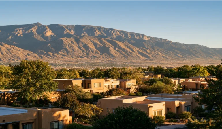 Albuquerque, New Mexico, with residential neighborhoods, the Sandia Mountains, and the high-desert landscape under a sunny blue sky.