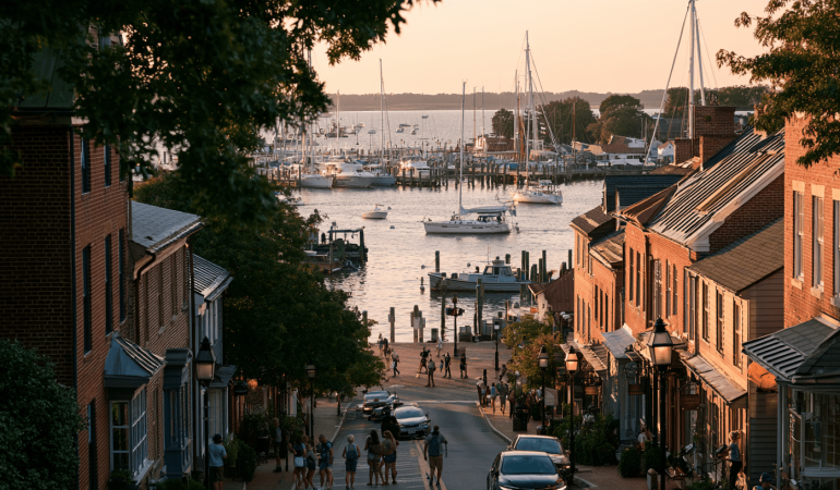 Annapolis, Maryland waterfront with historic buildings, boats, pedestrians, and Chesapeake Bay scenery