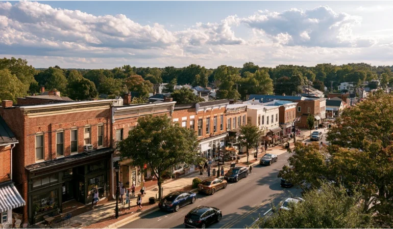 Bel Air, Maryland streetscape with historic downtown buildings, trees, pedestrians, and local community activity