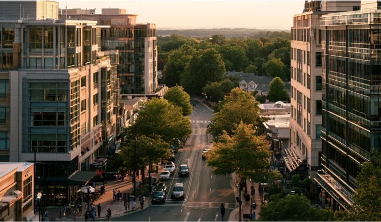 Bethesda, Maryland streetscape showing downtown buildings, tree-lined residential streets, and local community life