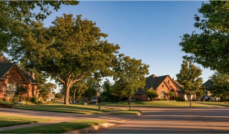 Suburban homes, tree-lined streets, and green lawns in Broken Arrow, Oklahoma, representing the city's growing residential community near Tulsa.