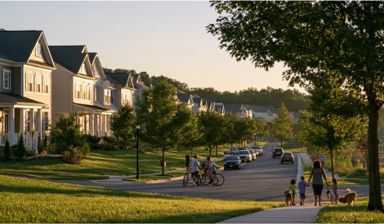 Clarksburg Maryland suburban community with newer homes, tree-lined streets, residents, and nearby natural spaces.
