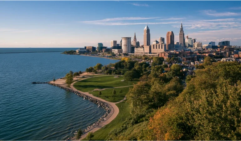 Cleveland skyline beside Lake Erie with downtown buildings, waterfront green space, and the city's urban landscape.